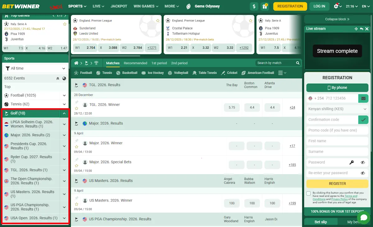 Betwinner Golf section in left Sports menu Screenshot